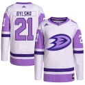 Adidas Anaheim Ducks Men's Dan Bylsma Authentic White/Purple Hockey Fights Cancer Primegreen NHL Jersey