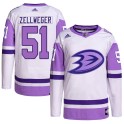 Adidas Anaheim Ducks Men's Olen Zellweger Authentic White/Purple Hockey Fights Cancer Primegreen NHL Jersey
