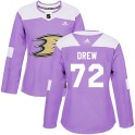 Adidas Anaheim Ducks Women's Hunter Drew Authentic Purple Fights Cancer Practice NHL Jersey