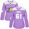 Adidas Anaheim Ducks Women's Tyson Hinds Authentic Purple Fights Cancer Practice NHL Jersey