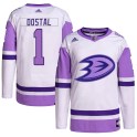 Adidas Anaheim Ducks Youth Lukas Dostal Authentic White/Purple Hockey Fights Cancer Primegreen NHL Jersey