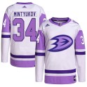 Adidas Anaheim Ducks Youth Pavel Mintyukov Authentic White/Purple Hockey Fights Cancer Primegreen NHL Jersey