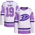 Adidas Anaheim Ducks Youth Troy Terry Authentic White/Purple Hockey Fights Cancer Primegreen NHL Jersey