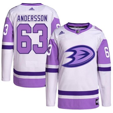 Adidas Anaheim Ducks Men's Axel Andersson Authentic White/Purple Hockey Fights Cancer Primegreen NHL Jersey