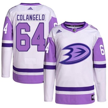Adidas Anaheim Ducks Men's Sam Colangelo Authentic White/Purple Hockey Fights Cancer Primegreen NHL Jersey