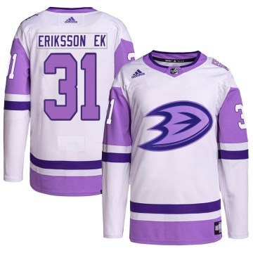 Adidas Anaheim Ducks Men's Olle Eriksson Ek Authentic White/Purple Hockey Fights Cancer Primegreen NHL Jersey