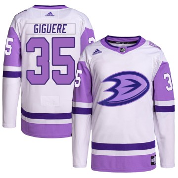 Adidas Anaheim Ducks Men's Jean-Sebastien Giguere Authentic White/Purple Hockey Fights Cancer Primegreen NHL Jersey