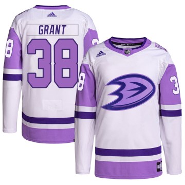 Adidas Anaheim Ducks Men's Derek Grant Authentic White/Purple Hockey Fights Cancer Primegreen NHL Jersey
