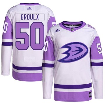 Adidas Anaheim Ducks Men's Benoit-Olivier Groulx Authentic White/Purple Hockey Fights Cancer Primegreen NHL Jersey