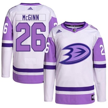 Adidas Anaheim Ducks Men's Brock McGinn Authentic White/Purple Hockey Fights Cancer Primegreen NHL Jersey