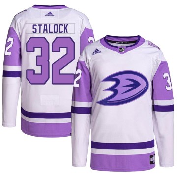 Adidas Anaheim Ducks Men's Alex Stalock Authentic White/Purple Hockey Fights Cancer Primegreen NHL Jersey