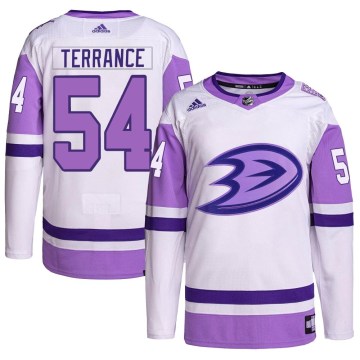 Adidas Anaheim Ducks Men's Carey Terrance Authentic White/Purple Hockey Fights Cancer Primegreen NHL Jersey