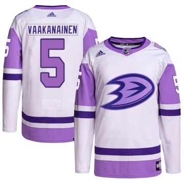 Adidas Anaheim Ducks Men's Urho Vaakanainen Authentic White/Purple Hockey Fights Cancer Primegreen NHL Jersey