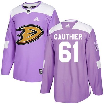 Adidas Anaheim Ducks Youth Cutter Gauthier Authentic Purple Fights Cancer Practice NHL Jersey