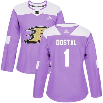 Adidas Anaheim Ducks Women's Lukas Dostal Authentic Purple Fights Cancer Practice NHL Jersey