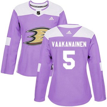 Adidas Anaheim Ducks Women's Urho Vaakanainen Authentic Purple Fights Cancer Practice NHL Jersey