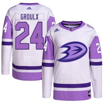Adidas Anaheim Ducks Youth Bo Groulx Authentic White/Purple Hockey Fights Cancer Primegreen NHL Jersey