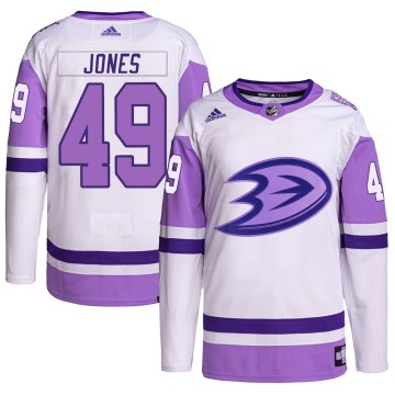 Adidas Anaheim Ducks Youth Max Jones Authentic White/Purple Hockey Fights Cancer Primegreen NHL Jersey