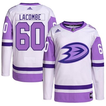 Adidas Anaheim Ducks Youth Jackson LaCombe Authentic White/Purple Hockey Fights Cancer Primegreen NHL Jersey