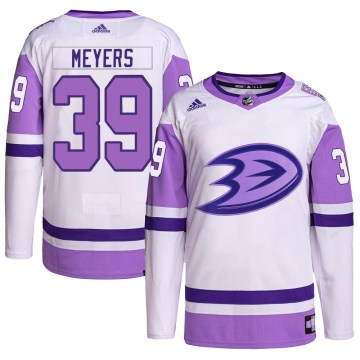 Adidas Anaheim Ducks Youth Ben Meyers Authentic White/Purple Hockey Fights Cancer Primegreen NHL Jersey